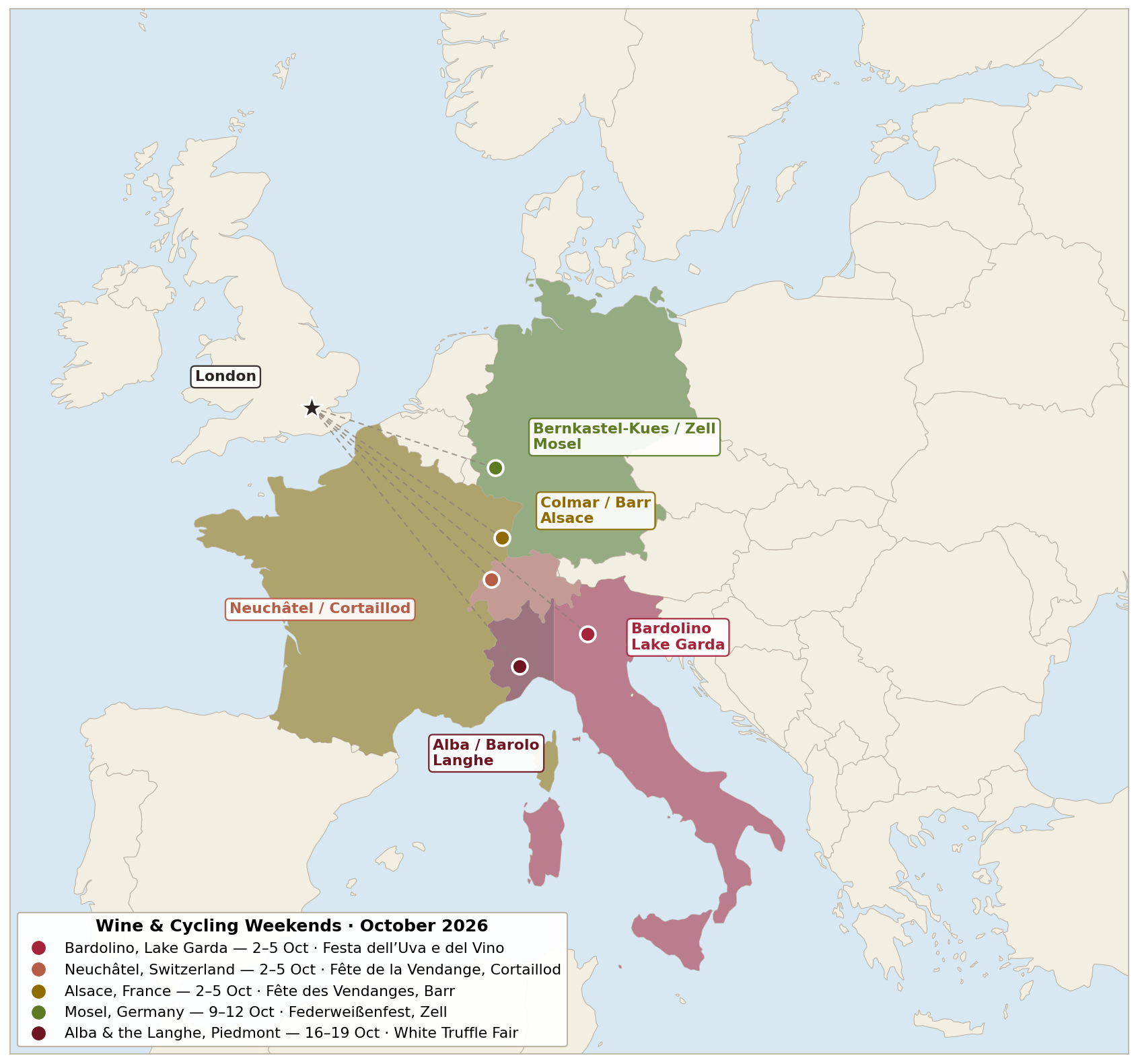 Map of Europe showing the five wine and cycling weekend destinations, each country shaded in the colour of its wines